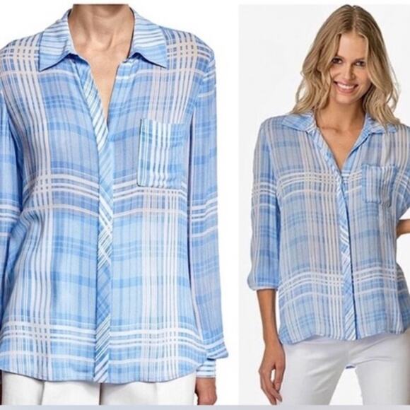 Diane Von Furstenberg Carter Blue White Plaid Sheer Button Down Shirt size 8